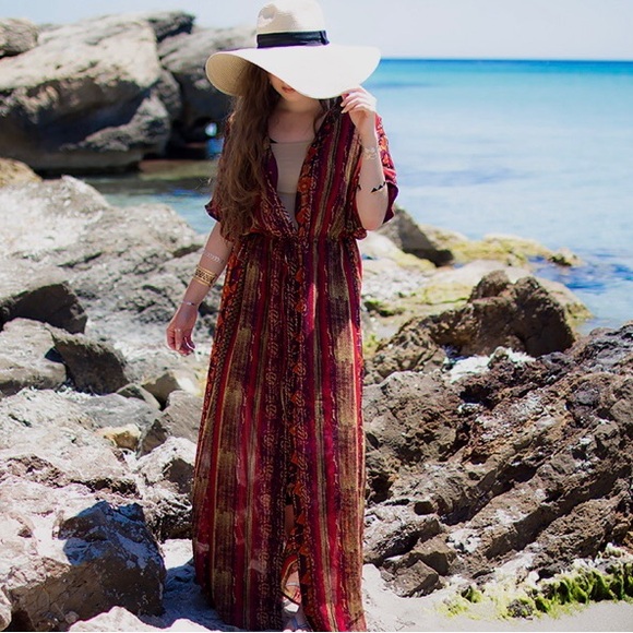 Kersh boho style print maxi with kimono sleeve plunging neckline maxi, NWOT Lrg. - Picture 2 of 10